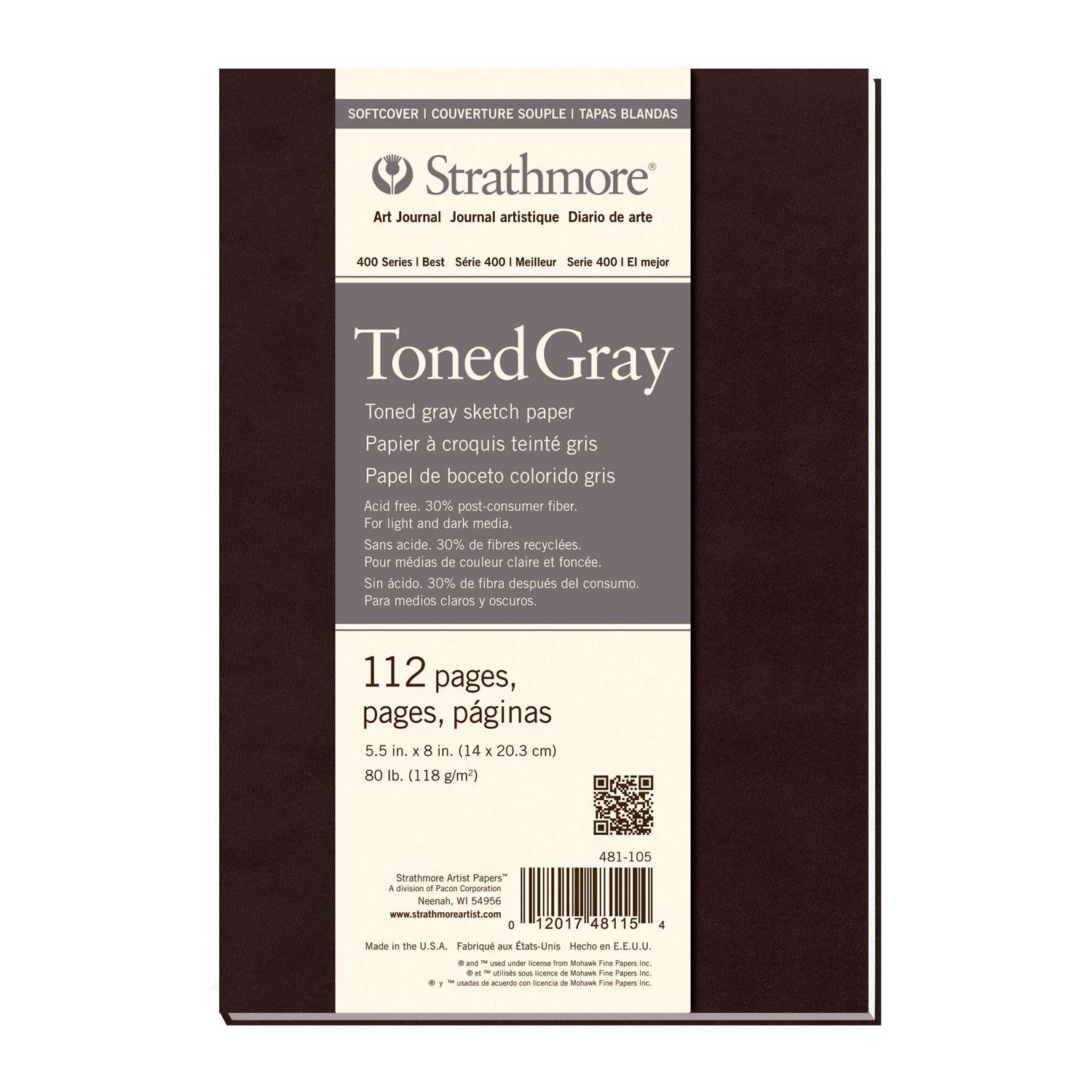 481-107 400 Series Softcover Toned Gray Art Sketch Journal, 7.75x9.75, 56 Sheets Strathmore 
