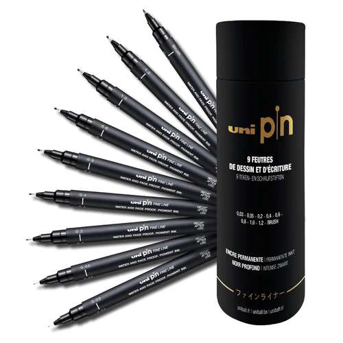 uni-pin | Drawing & Writing Felt Tip pen tube — 9 deep black pens 