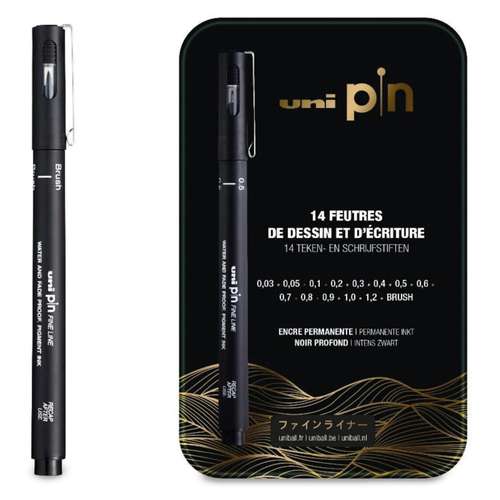 uni-pin | Drawing & Writing Felt Tip pen box — 14 deep black pens 